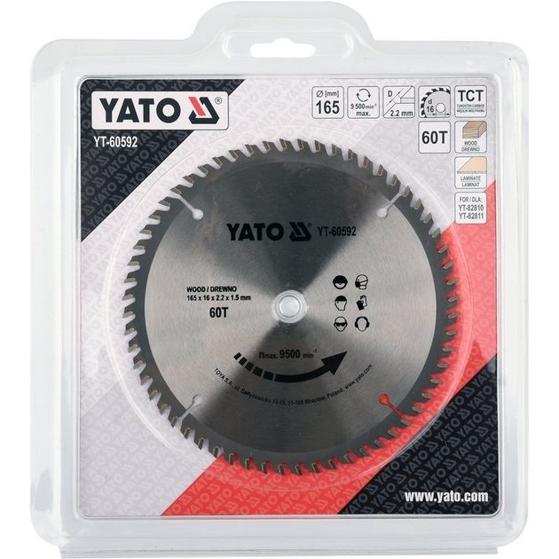Пильный диск по дереву YATO 165x16x2.2 мм, 60 зубьев (YT-60592), фото , изображение 2 | SNABZHENIE.com.ua