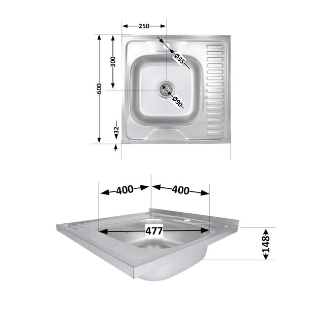 Кухонная мойка Brinex 6060-R 0,6 мм Satin (BRIN6060RSAT06), фото , изображение 2 | SNABZHENIE.com.ua