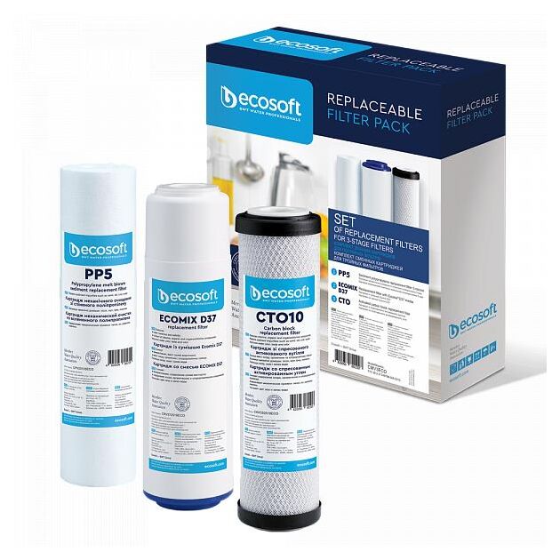 Комплект картриджів Ecosoft 1-2-3 для тристадійних фільтрів (поліпропілен+ecomixD37+карбон блок), фото  | SNABZHENIE.com.ua