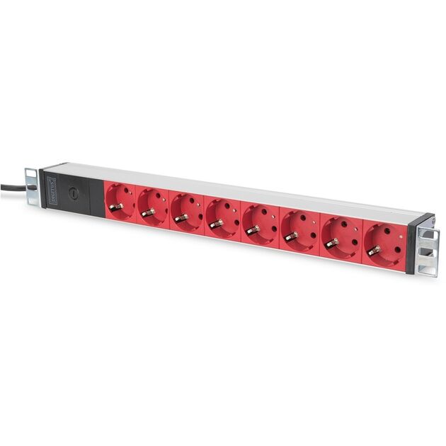 Digitus Блок розеток 1U, 8xSchuko red, 10A, 250V, запобіжник, вилка C14, фото , изображение 2 | SNABZHENIE.com.ua