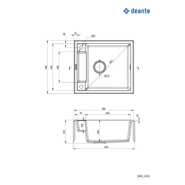 Мийка кухонна Deante Magnetic, граніт, квадрат, без крила, 560х500х219мм, чаша - 1, накладна, алебастр, фото , изображение 3 | SNABZHENIE.com.ua