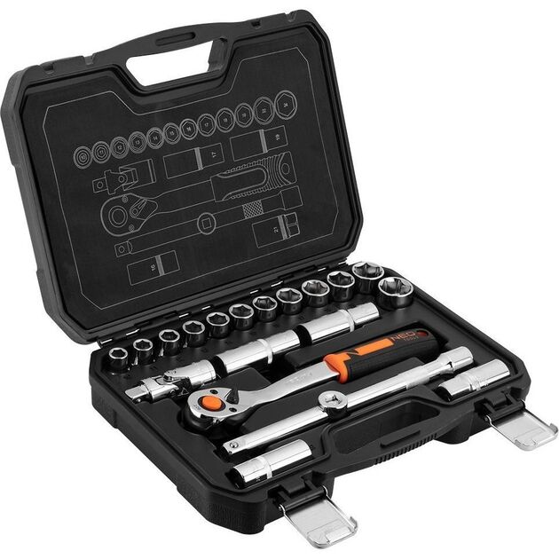 Neo Tools Набір інструментів, Набір торцевих головок, 20шт, 1/2", тріскачка 90 зубців, CrV, кейс, фото , изображение 2 | SNABZHENIE.com.ua