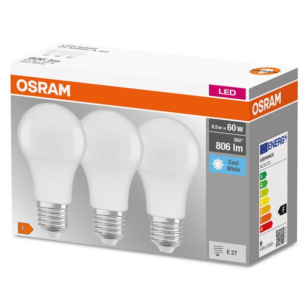 Osram Набір ламп 3шт LED E27 8.5Вт 4000К 806Лм A60, фото , зображення 2 | SNABZHENIE.com.ua