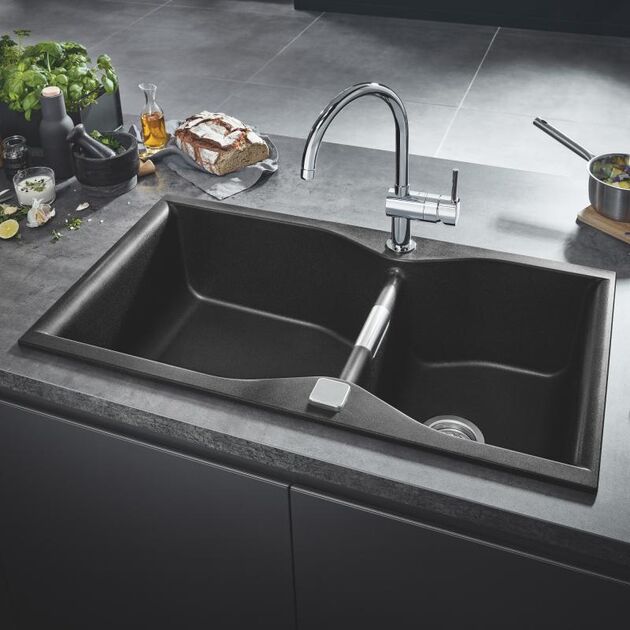Мийка кухонна Grohe K700, граніт, прямокут., без крила, 838x560x241мм,  чаша - 2, врізна/під стільницю, чорний граніт, фото , зображення 3 | SNABZHENIE.com.ua