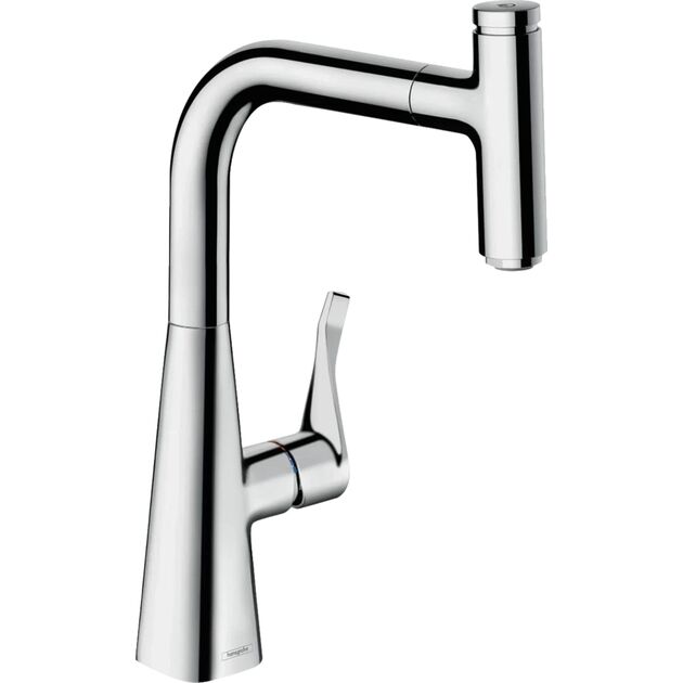 Змішувач для кухні Hansgrohe Metris Select, довж.виливу - 222мм, поворотний, витяжний, важіль + кнопка, хром, фото  | SNABZHENIE.com.ua