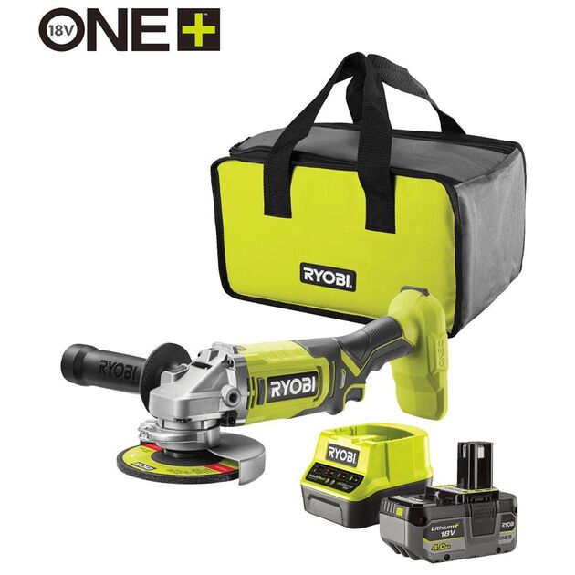 Ryobi Шліфмашина кутова акумуляторна ONE+ RAG18125-1C40S 125мм 18В 1х4А·год 9000об·хв 2.2кг сумка, фото , зображення 2 | SNABZHENIE.com.ua