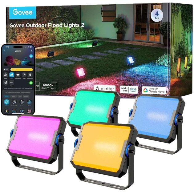Govee Набір світильників H8057 Outdoor FLood Lights, 4шт, RGBICWW, WI-FI/Bluetooth, чорний, фото , изображение 2 | SNABZHENIE.com.ua