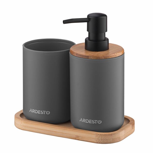 Набір для ванної кімнати ARDESTO Minimalism 360мл, 3 предмети, поліпропілен, бамбук, сірий темний, фото , зображення 2 | SNABZHENIE.com.ua