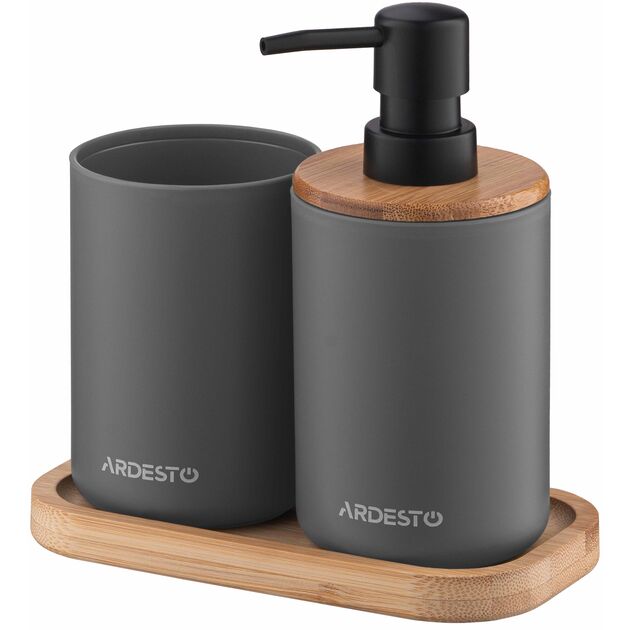 Набір для ванної кімнати ARDESTO Minimalism 360мл, 3 предмети, поліпропілен, бамбук, сірий темний, фото  | SNABZHENIE.com.ua