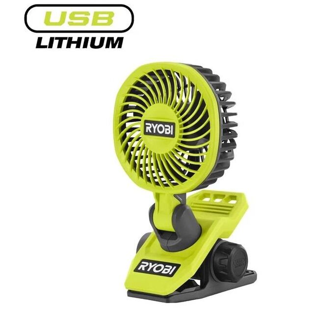 Вентилятор акумуляторний кліпса Ryobi USB Lithium RCF4-0 4В 3800об·хв обертання 325° поворот 180° 2 швидкості 0.29кг без АКБ та ЗП, фото , изображение 2 | SNABZHENIE.com.ua