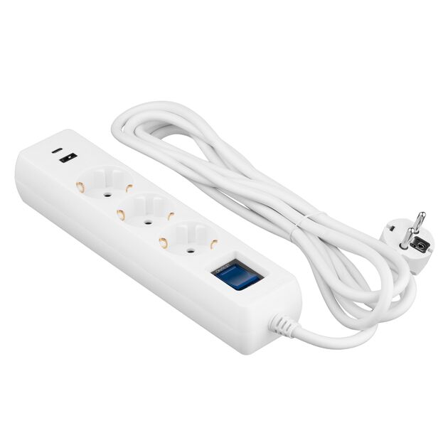 Подовжувач-фільтр мережевий 2E 3xТип F, 3x1.5мм кв, 16A, 1xUSB-A, 1xUSB-C, з захистом від перенапруги, 3м, білий, фото , изображение 2 | SNABZHENIE.com.ua