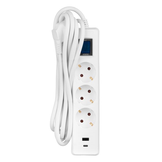 Подовжувач-фільтр мережевий 2E 3xТип F, 3x1.5мм кв, 16A, 1xUSB-A, 1xUSB-C, з захистом від перенапруги, 3м, білий, фото , изображение 3 | SNABZHENIE.com.ua