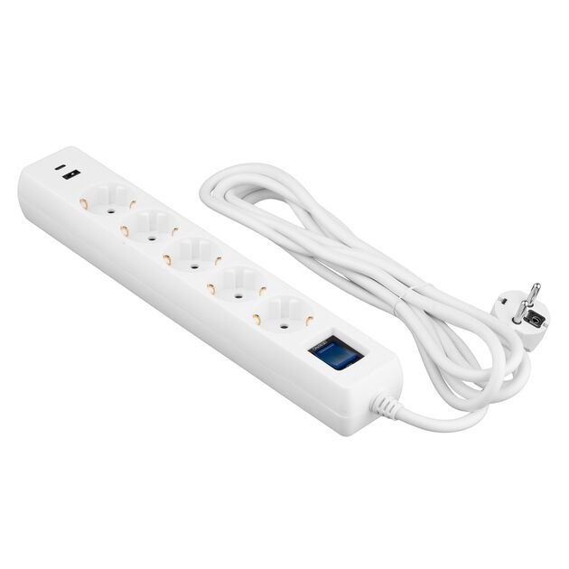 Подовжувач-фільтр мережевий 2E 5xТип F, 3x1.5мм кв, 16A, 1xUSB-A, 1xUSB-C, з захистом від перенапруги, 3м, білий, фото , изображение 2 | SNABZHENIE.com.ua