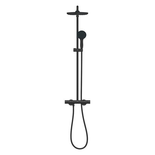 Душова система Grohe Vitalio Start System 250 зі змішувачем-термостатом для душу, верхній душ, лійка, кріпл. - на стійці, матовий чорний, фото , зображення 3 | SNABZHENIE.com.ua