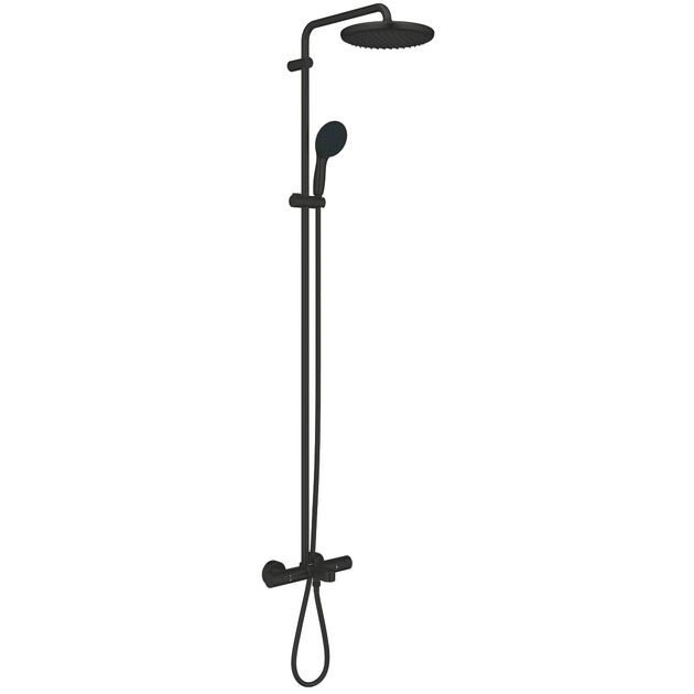 Душова система Grohe QuickFix Vitalio Start System 250 зі змішувачем-термостатом для ванни, довж. виливу - 169мм, верхній душ, лійка, кріпл. - на стійці, матовий чорний, фото  | SNABZHENIE.com.ua