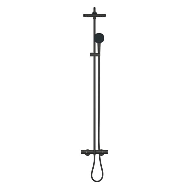Душова система Grohe QuickFix Vitalio Comfort 250 зі змішувачем-термостатом для ванни, довж. виливу - 169мм, верхній душ, лійка, кріпл. - на стійці, матовий чорний, фото , зображення 3 | SNABZHENIE.com.ua