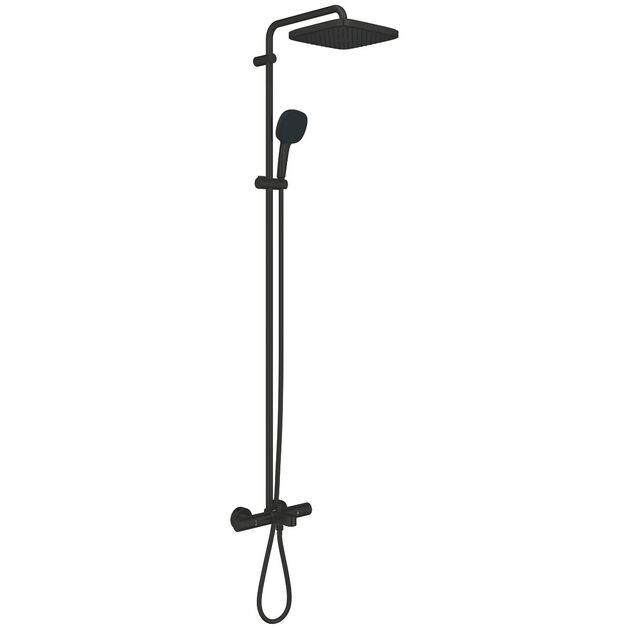 Душова система Grohe QuickFix Vitalio Comfort 250 зі змішувачем-термостатом для ванни, довж. виливу - 169мм, верхній душ, лійка, кріпл. - на стійці, матовий чорний, фото  | SNABZHENIE.com.ua