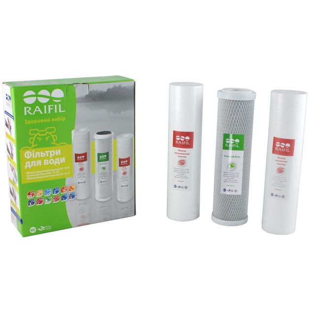Комплект картриджів Raifil 1-2-3 GREEN (2 поліпропілену+вугілля), фото  | SNABZHENIE.com.ua