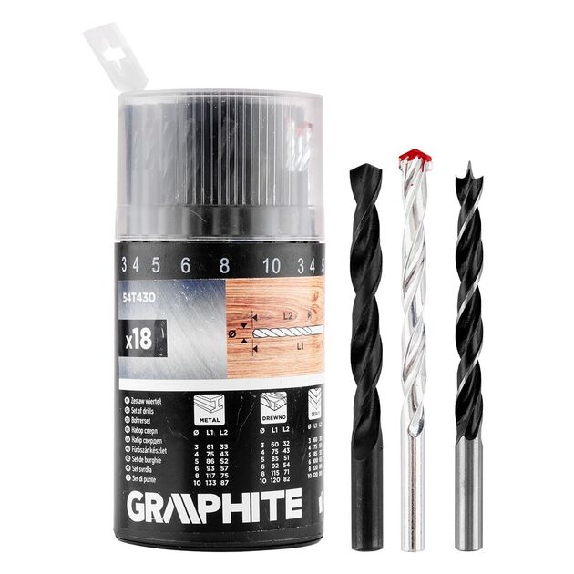 Набір свердл GRAPHITE по металу, дереву, цеглі: 3-6, 8, 10 мм, 18шт, фото , изображение 2 | SNABZHENIE.com.ua