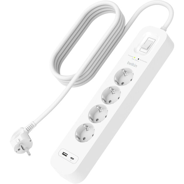 Подовжувач мережевий Belkin 2м, 4хТип, 16А, USB-A/USB-C 18Вт, фільтр, білий, фото , изображение 2 | SNABZHENIE.com.ua