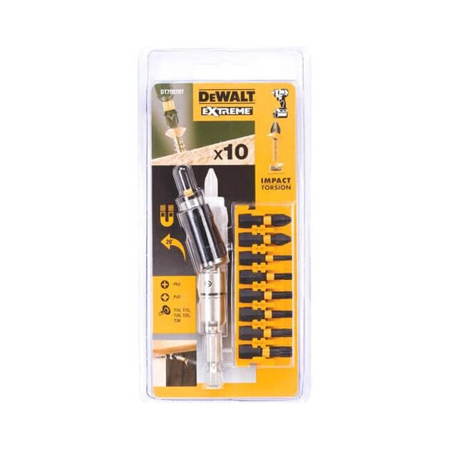 Набір біт DeWALT IMPACT TORSION, ударні, Torx, Philips, Pozidriv, L = 25 мм - Ph2, Pz2, Т10, Т15, Т20, T25, Т30, шарнірний тримач насадок, 10 шт (DT70578T), фото  | SNABZHENIE.com.ua