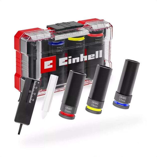 Набір ударних торцевих головок Einhell 80мм 1/2" крейда, вимірювач протектора кейс 3шт, фото , изображение 2 | SNABZHENIE.com.ua