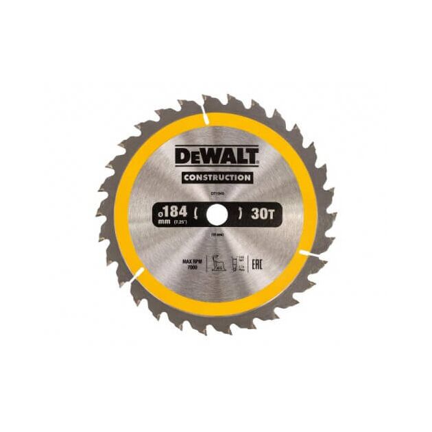 Диск пильний DeWALT, 184 x 16 мм, 30 зубів, кут заточки 10 градусів, геометрія зуба WZ / ATB, універсальне застосування. (DT1940), фото  | SNABZHENIE.com.ua