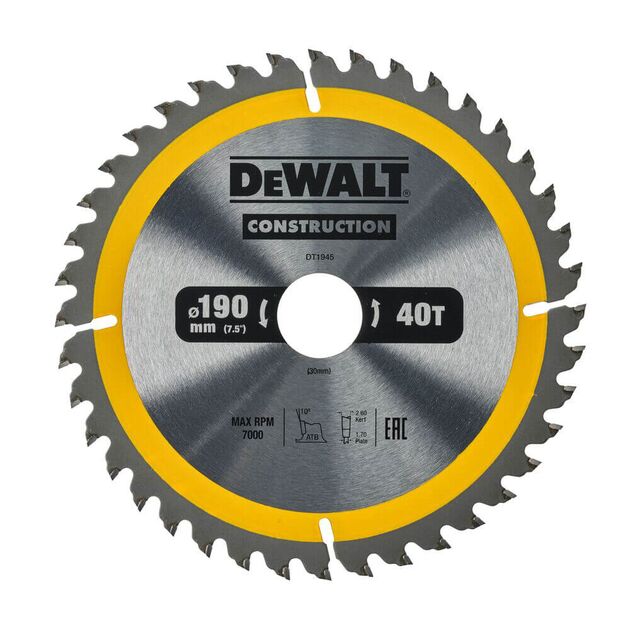Диск пильний DeWALT, 190 x 30 мм, 40 зубів, кут заточки 10 градусів, геометрія зуба WZ / ATB, швидкий різ (DT1945), фото  | SNABZHENIE.com.ua