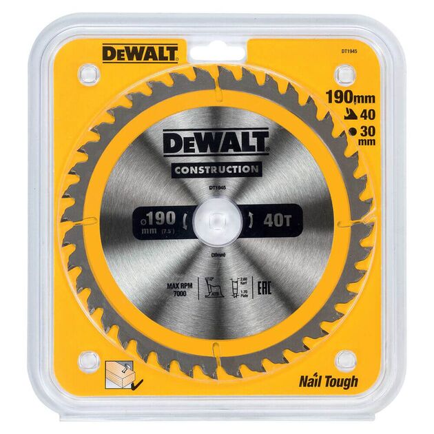 Диск пильний DeWALT, 190 x 30 мм, 40 зубів, кут заточки 10 градусів, геометрія зуба WZ / ATB, швидкий різ (DT1945), фото , зображення 2 | SNABZHENIE.com.ua