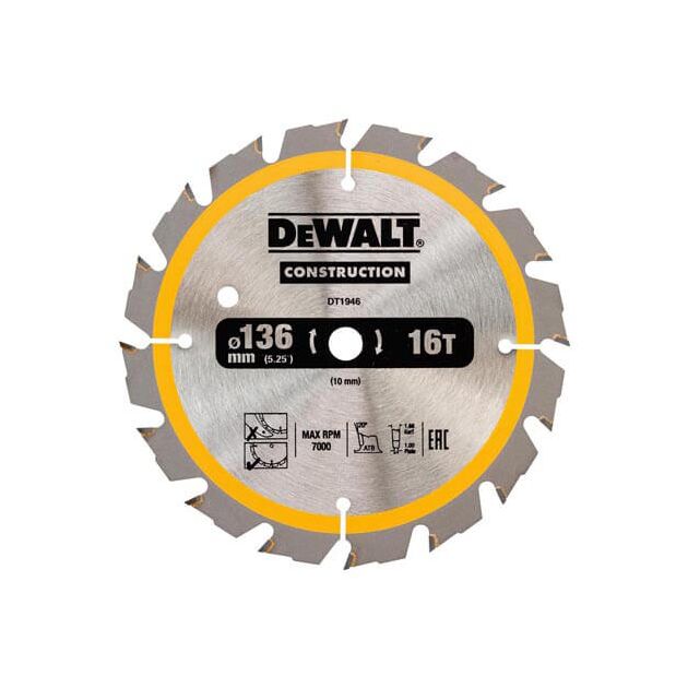 Диск пильний DeWALT 136 x 10 мм, 16 зубів, кут заточки 20 градусів, геометрія зуба WZ/ATB, швидкий різ, для DW935, DW936 (DT1946), фото  | SNABZHENIE.com.ua