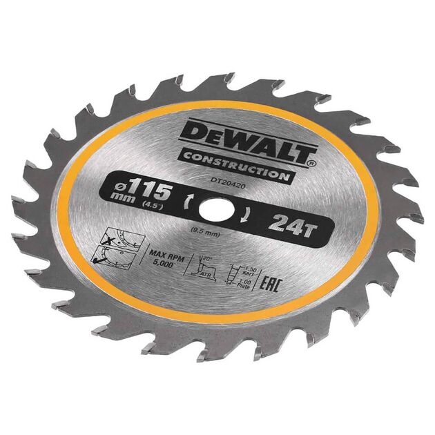 Диск пильний універсальний DeWALT 115 x 9.5 мм 24T (TCT), 5000 об/хв, фото , зображення 2 | SNABZHENIE.com.ua