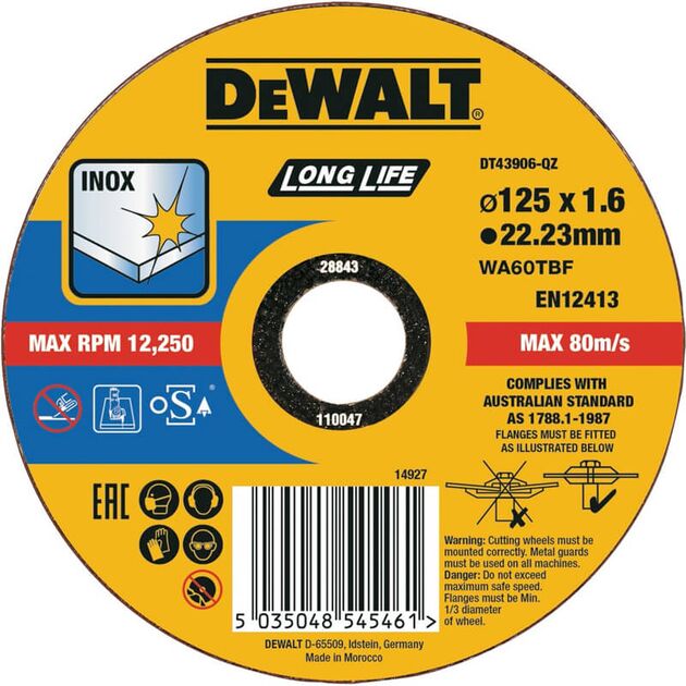 Круг відрізний DeWALT INOX Long Life, нержавіюча сталь / листовий метал, 125 x 1,6 x 22,23 мм (DT43906), фото  | SNABZHENIE.com.ua