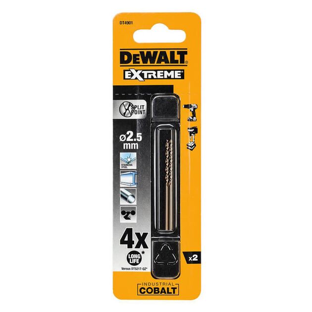 Сверло по металлу DeWALT EXTREME INDUSTRIAL COBALT HSS-CO, 2.5 мм, 57 мм, 30 мм, 2 шт (DT4901), фото  | SNABZHENIE.com.ua