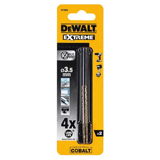 Сверло по металлу DeWALT EXTREME INDUSTRIAL COBALT HSS-CO, d = 3.5 мм, L = 70 мм, L = 39 мм, 2 шт (DT4903), фото  | SNABZHENIE.com.ua