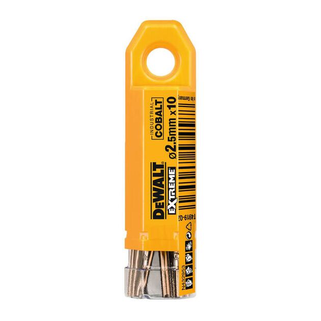 Сверло по металлу DeWALT EXTREME INDUSTRIAL COBALT HSS-CO, d = 2.5 мм, L = 57 мм, L = 30 мм, в упаковці 10 шт (DT4919), фото , зображення 2 | SNABZHENIE.com.ua