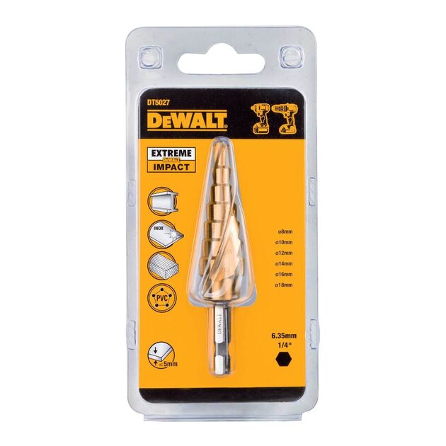 Ступенчатое сверло по металлу DeWALT 6-18 мм, 6 шагов, 6,35 мм, фото , изображение 2 | SNABZHENIE.com.ua
