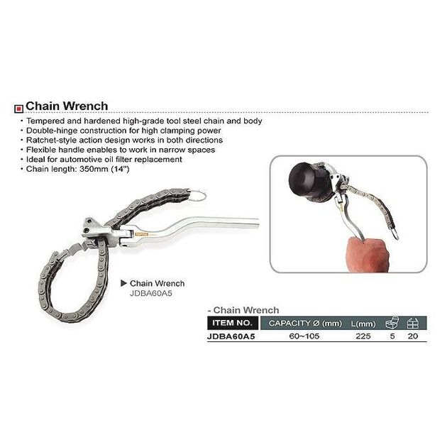 Съемник м/фільтра цепний з шарніром 60-105 мм TOPTUL (JDBA60A5), фото , зображення 2 | SNABZHENIE.com.ua