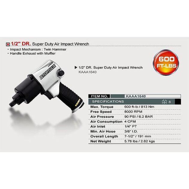 Пневмогайковерт 1/2" 813 N/m 8000 об/мин 2,6 кг TOPTUL (KAAA1640), фото , зображення 2 | SNABZHENIE.com.ua