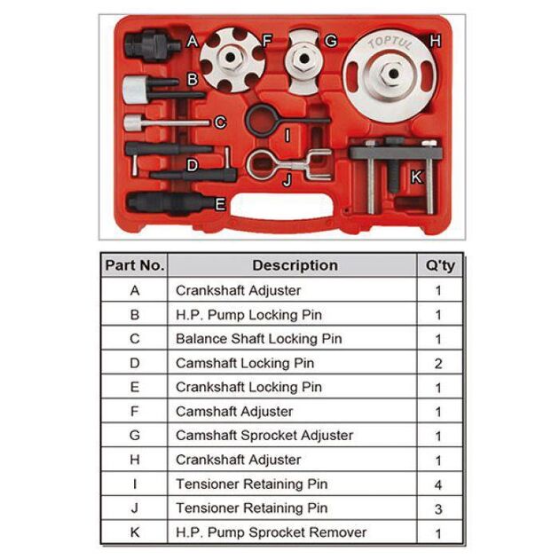 Набор фиксаторов распредвалов и коленвалов VW/Audi Diesel 12 ед. TOPTUL, фото , изображение 2 | SNABZHENIE.com.ua