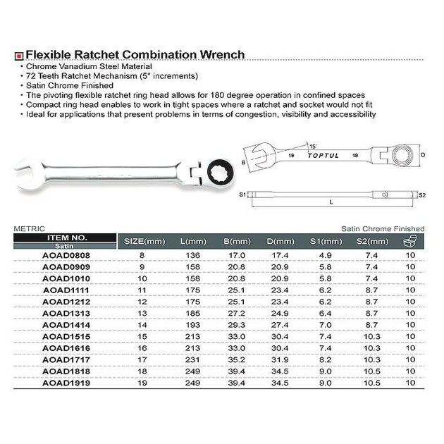 Ключ комбинированный трещоточный TOPTUL 16мм AOAH1616, фото , изображение 2 | SNABZHENIE.com.ua