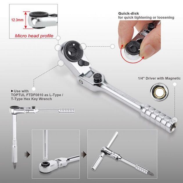 Мини трещотка 1/4" 60 зубцов с шарниром TOPTUL (CHEV0811), фото , изображение 3 | SNABZHENIE.com.ua