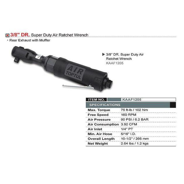 Пневматическая трещотка 3/8" 102 Нм 160 об/мин TOPTUL (KAAF1205), фото , изображение 2 | SNABZHENIE.com.ua