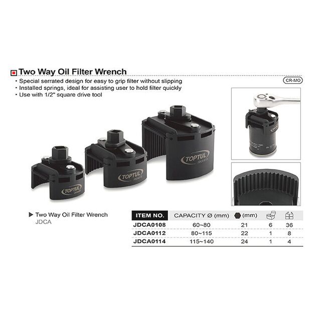 Знімник м/фільтра універсальний 60-80 мм 1/2 або під ключ 21 мм TOPTUL (JDCA0108), фото , зображення 2 | SNABZHENIE.com.ua