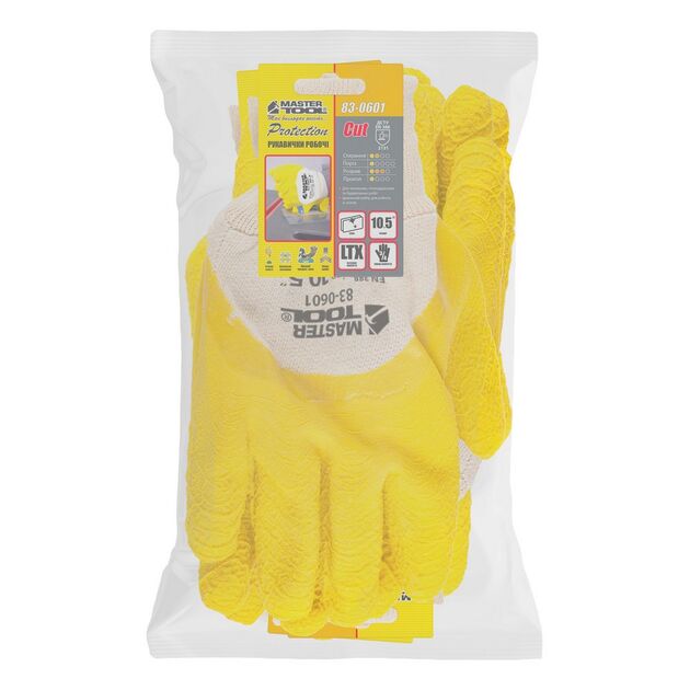 Перчатки хлопчатобумажные MASTERTOOL с латексным покрытием, 12 пар, жёлтые., фото , изображение 2 | SNABZHENIE.com.ua