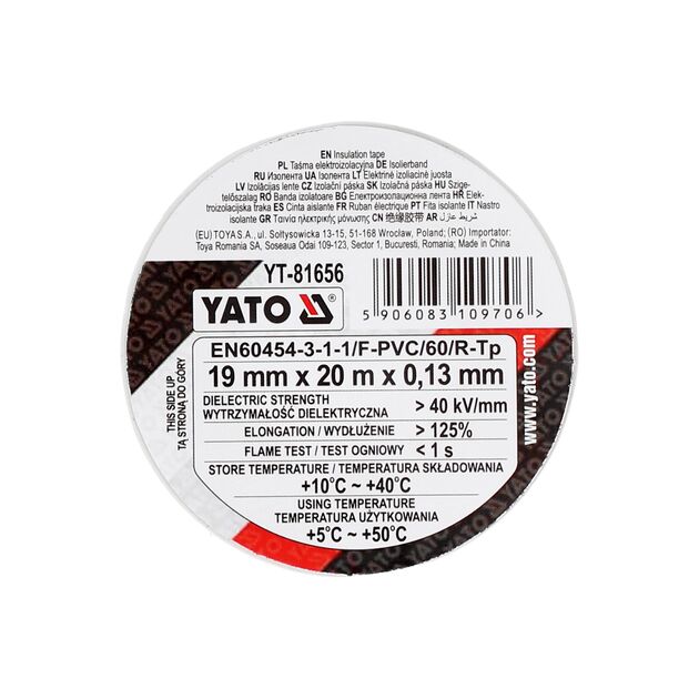 Электроизоляционная лента ПВХ YATO белая, 20 м, 19x0.13 мм, t=5-50 °С, фото , изображение 3 | SNABZHENIE.com.ua