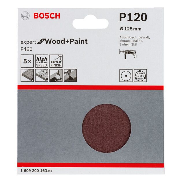 Набор шлифовальных листов BOSCH F460, 125 мм, 120 грит, 5 шт., фото , изображение 2 | SNABZHENIE.com.ua