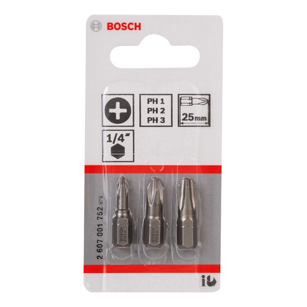 Набор бит Extra Hard, 3 шт. PH1; PH2; PH3; 25 мм BOSCH, фото , изображение 2 | SNABZHENIE.com.ua