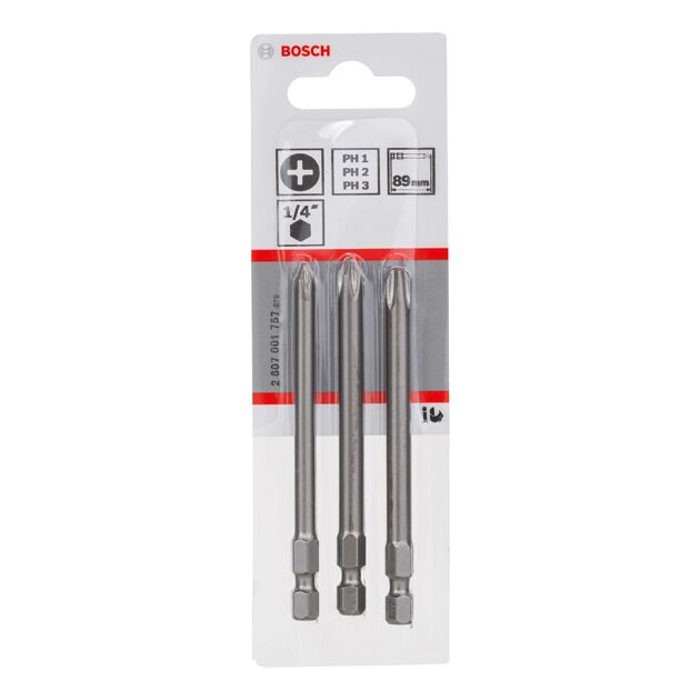 Набор бит для закручивания, 3 шт., Extra-Hart PH1; PH2; PH3; 89 мм BOSCH, фото , изображение 2 | SNABZHENIE.com.ua