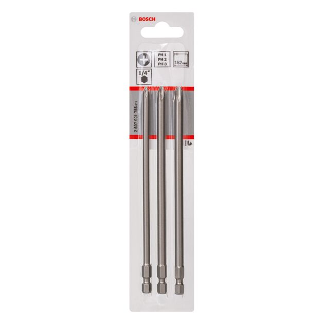 Набор бит для закручивания Extra-Hart PH1; PH2; PH3 (3 шт.) 152 мм BOSCH, фото , изображение 2 | SNABZHENIE.com.ua