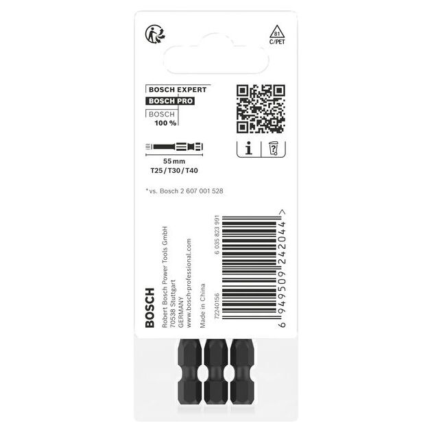 Насадка PRO Torx Impact, T25, T30, T40, 55 мм, 3 шт. BOSCH, фото , изображение 3 | SNABZHENIE.com.ua